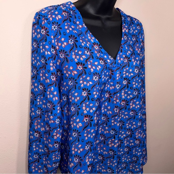XS J Crew Blue Long Sleeve Blouse Vneck Red White Floral Boho Bohemian Colorful - Picture 8 of 13